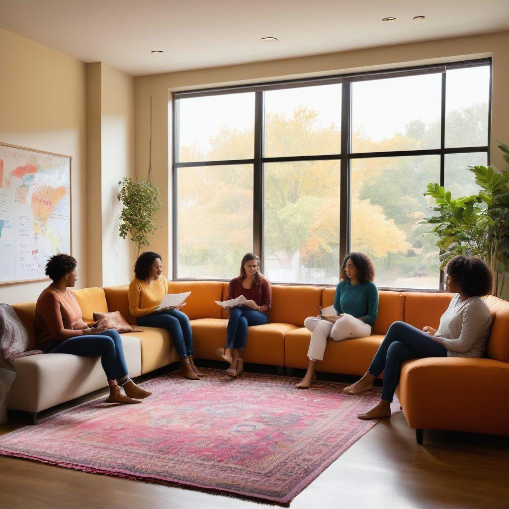A diverse group of people gathered in a cozy, inviting space, engaged in a warm discussion about wellness and treatment options. Include elements of community support like shared resources and brainstorming on a large whiteboard filled with colorful notes. The atmosphere should be uplifting and inclusive, showcasing collaboration and empathy. Emphasize natural light pouring in through windows, creating a comforting ambiance. super-realistic. vibrant colors. warm tones.