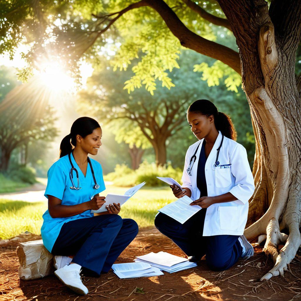 A compassionate healthcare professional guiding a patient through a serene landscape, showcasing various resources like pamphlets, support group symbols, and medical tools. The atmosphere should feel hopeful and empowering, with soft sunlight filtering through trees. Subtle visual metaphors of strength and survival woven into the scene. super-realistic. vibrant colors. uplifting mood.