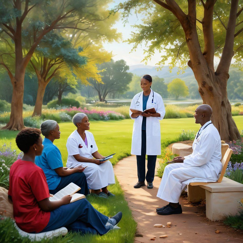 A compassionate healthcare professional guiding a diverse group of patients through a soothing, serene landscape that symbolizes hope and support. Include visual elements of books and digital devices showcasing knowledge, alongside supportive figures like family and friends. The scene should convey warmth, empowerment, and connection, capturing the essence of a cancer journey. vibrant colors. soft focus. painting.